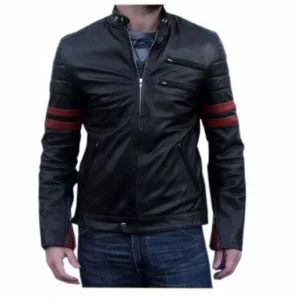 Fashion Style Men's Black Smooth Cowhide Biker Jacket with Red Striped