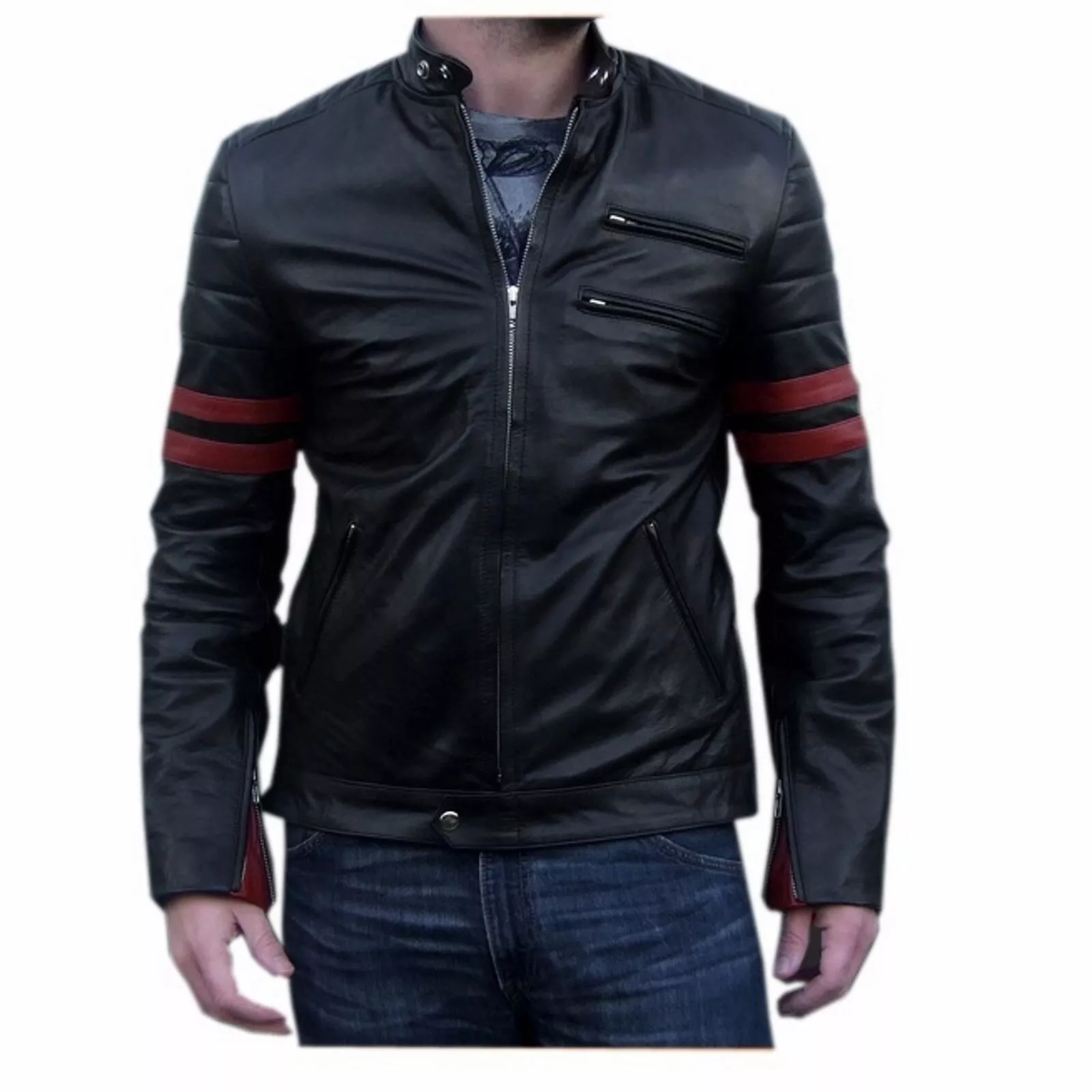 Fashion Style Men's Black Smooth Cowhide Biker Jacket with Red Striped