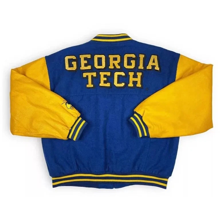 Georgia Tech 90’s Blue Wool Genuine Cowhide Sleeves Varsity Letterman Men Jacket - Image 2
