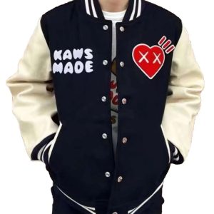 Human Made Kaws Black Wool White Cowhide Sleeves Varsity Letterman Men's Jacket