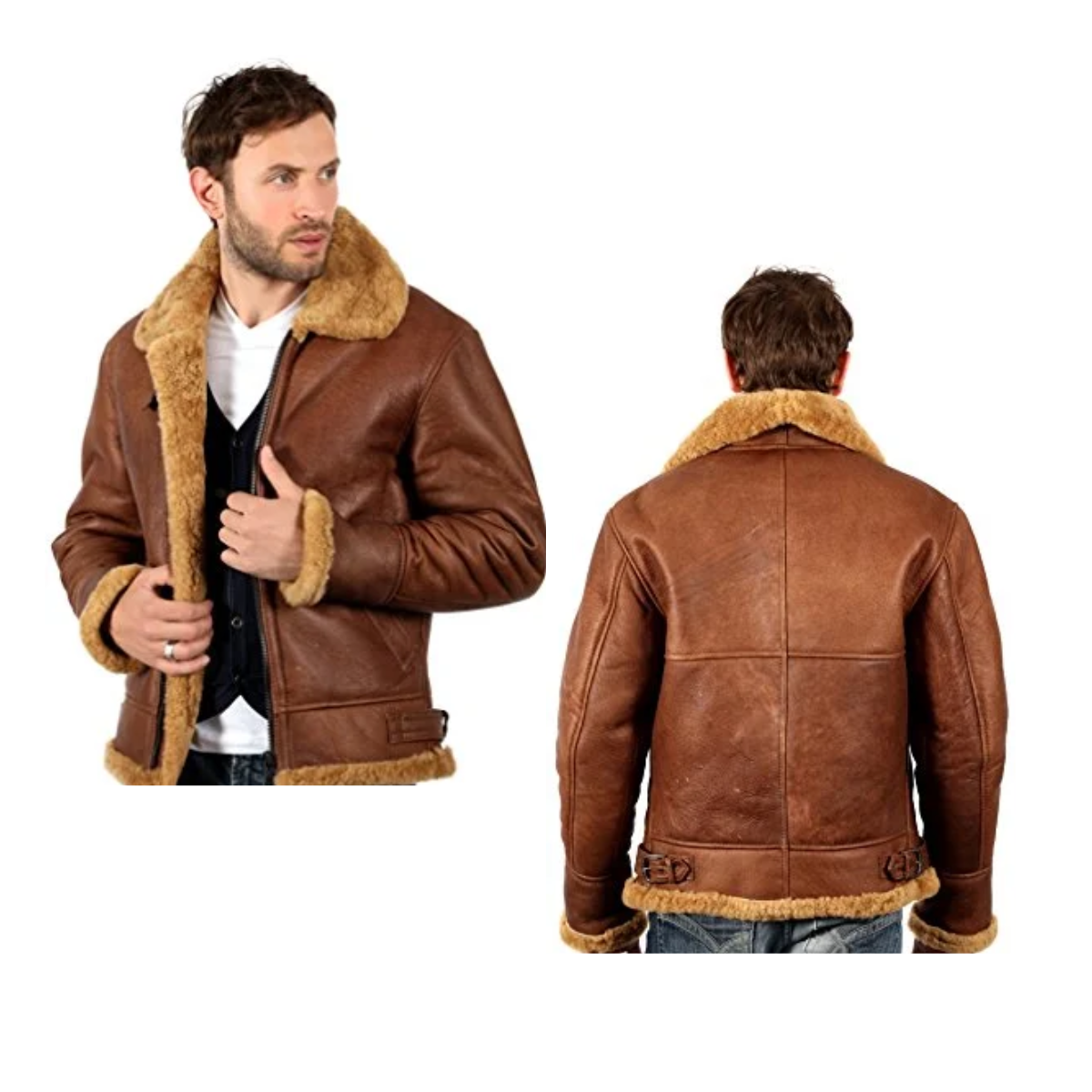 Infinity Men’s Brown B3 Aviator Sheepskin WW2 Bomber Cowhide Pilot Jacket - Image 4