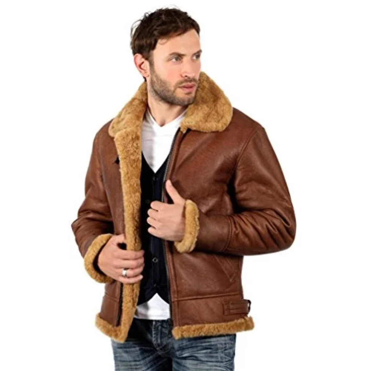 Infinity Men’s Brown B3 Aviator Sheepskin WW2 Bomber Cowhide Pilot Jacket