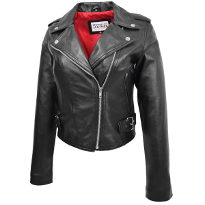 Ladies Real Cowhide Brando Biker Style Fitted Jacket Short Length Black