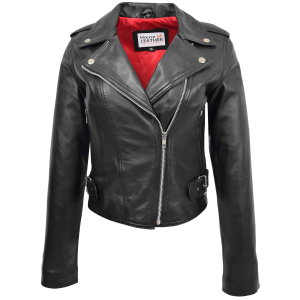 Ladies Real Cowhide Brando Biker Style Fitted Jacket Short Length Black