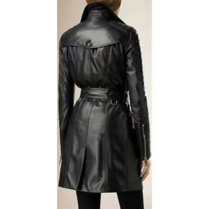 Ladies Women Black Genuine Real Cowhide Trench Coat