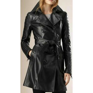 Ladies Women Black Genuine Real Cowhide Trench Coat