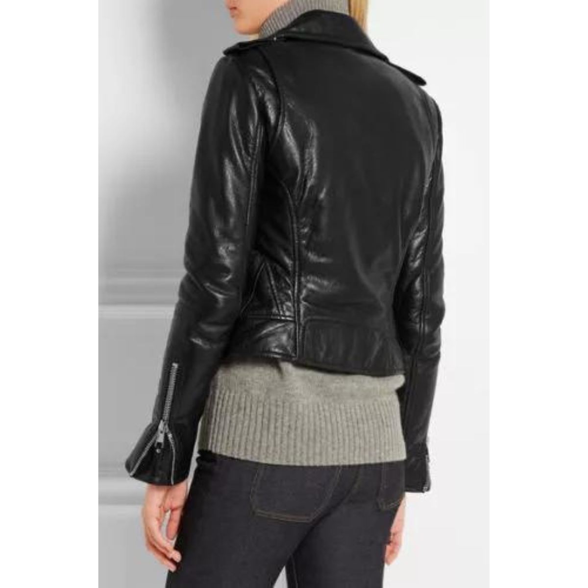 Black Women's real Slim Fit Biker Style Real Cowhide Jacket - Image 3