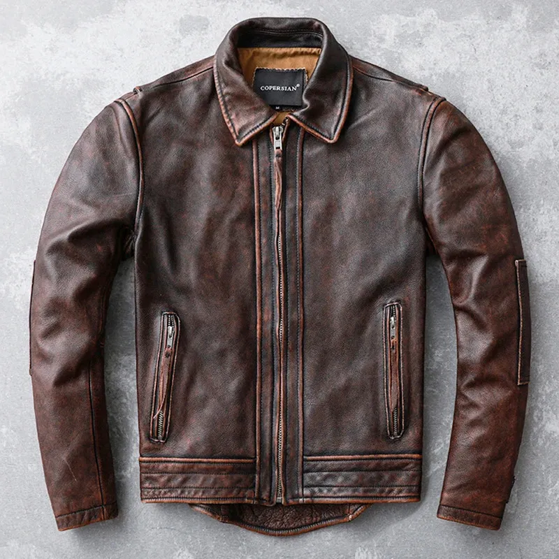 Men’s Motorcycle Vintage Cafe Racer Distressed Brown Biker Real Cowhide Jacket
