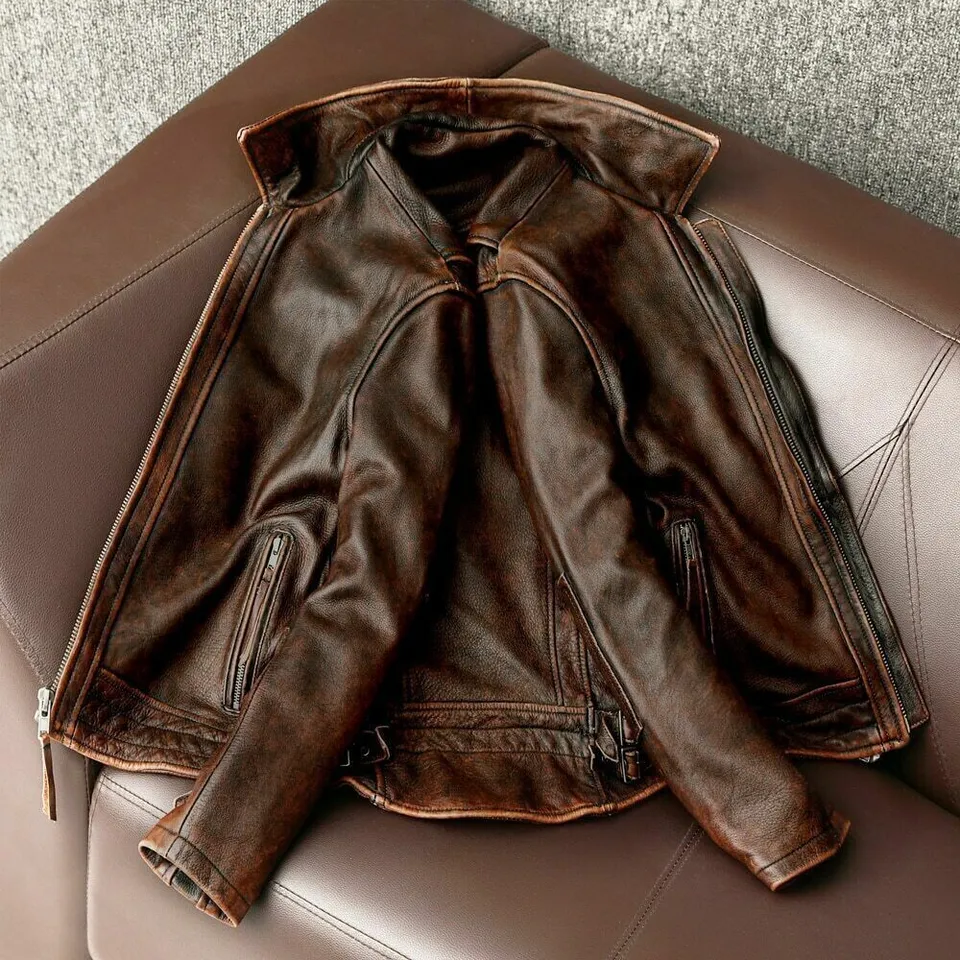 Men’s Motorcycle Vintage Cafe Racer Distressed Brown Biker Real Cowhide Jacket - Image 5