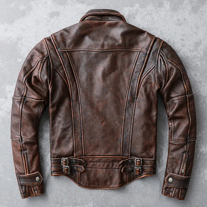 Men’s Motorcycle Vintage Cafe Racer Distressed Brown Biker Real Cowhide Jacket - Image 4