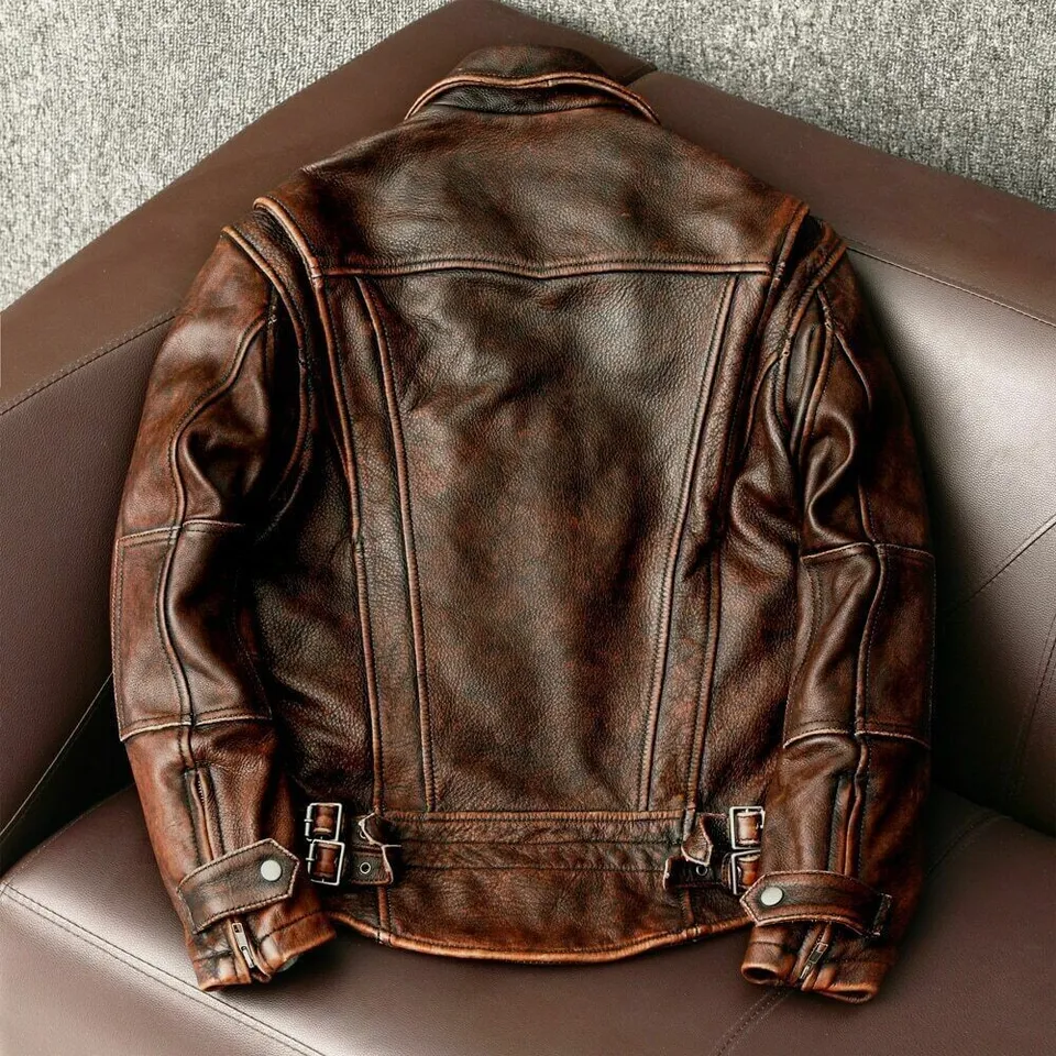 Men’s Motorcycle Vintage Cafe Racer Distressed Brown Biker Real Cowhide Jacket - Image 3