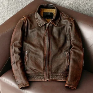 Men’s Motorcycle Vintage Cafe Racer Distressed Brown Biker Real Cowhide Jacket