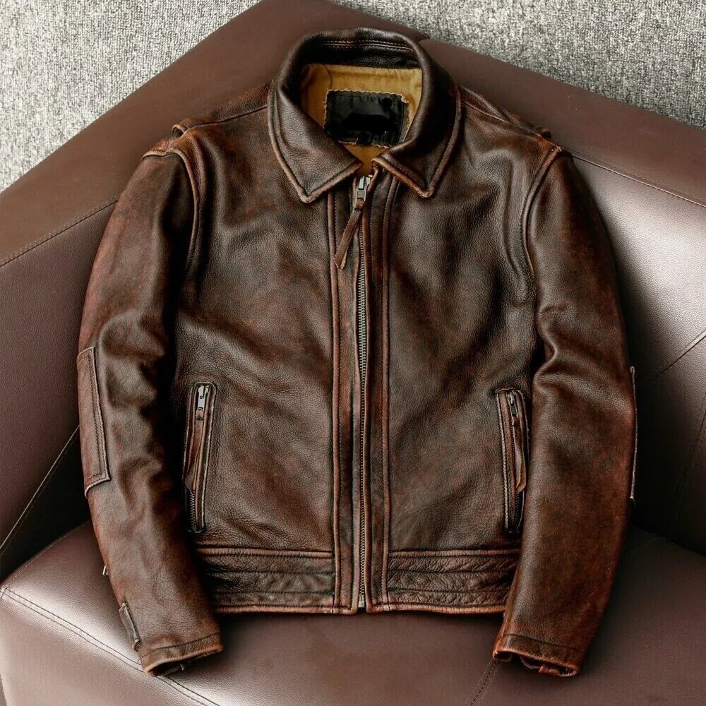 Men’s Motorcycle Vintage Cafe Racer Distressed Brown Biker Real Cowhide Jacket - Image 2