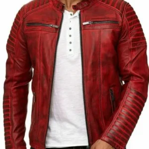 Mens Real Cowhide Jacket Cafe Racer Red Genuine Slim Fit Motorcycle Biker New Style Jacket