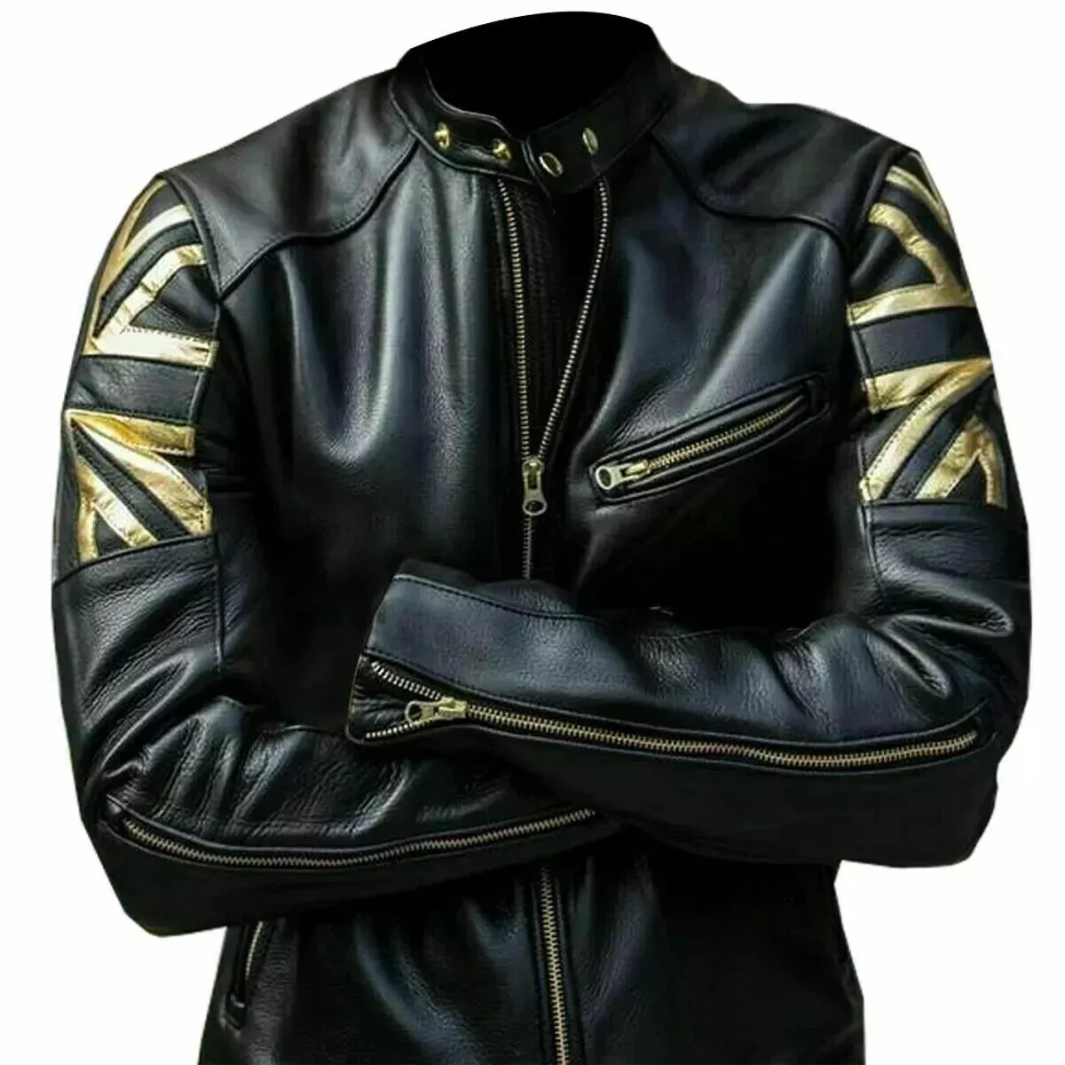 MEN'S BLACK BIKER VINTAGE MOTORCYCLE CAFE RACER GOLD UK FLAG REAL Cowhide JACKET