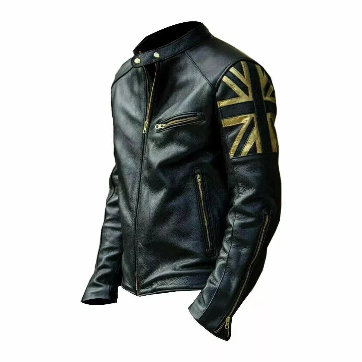 MEN'S BLACK BIKER VINTAGE MOTORCYCLE CAFE RACER GOLD UK FLAG REAL Cowhide JACKET - Image 3