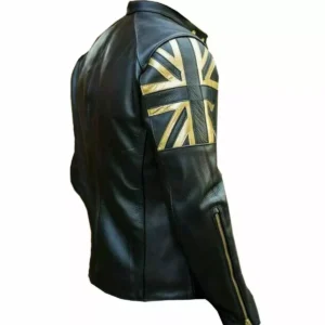 MEN'S BLACK BIKER VINTAGE MOTORCYCLE CAFE RACER GOLD UK FLAG REAL Cowhide JACKET