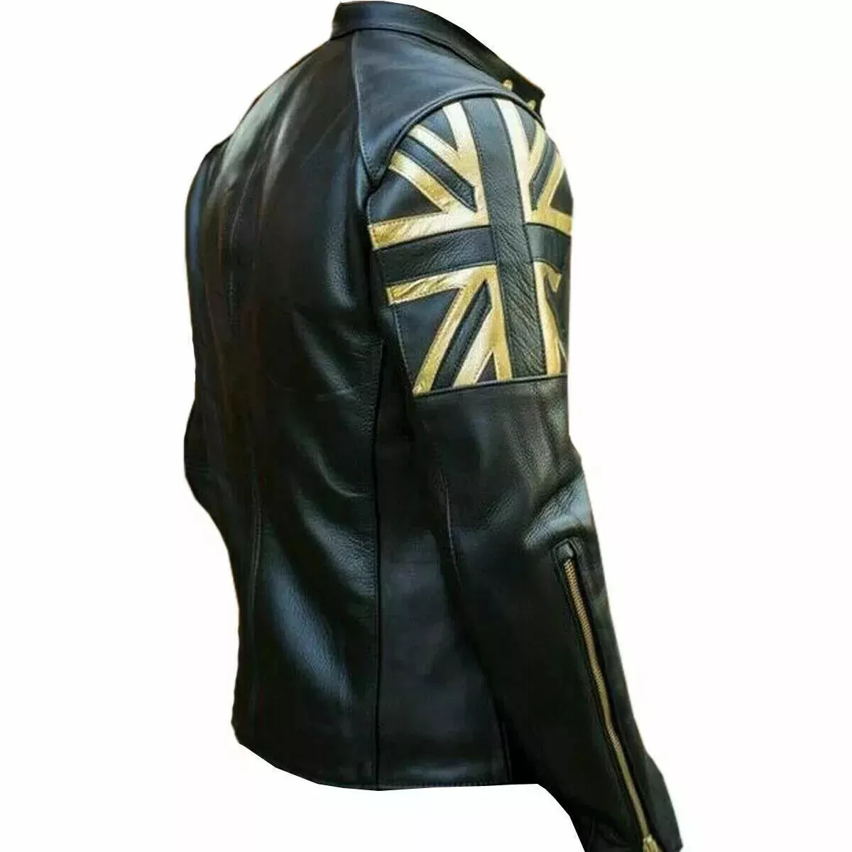MEN'S BLACK BIKER VINTAGE MOTORCYCLE CAFE RACER GOLD UK FLAG REAL Cowhide JACKET - Image 2