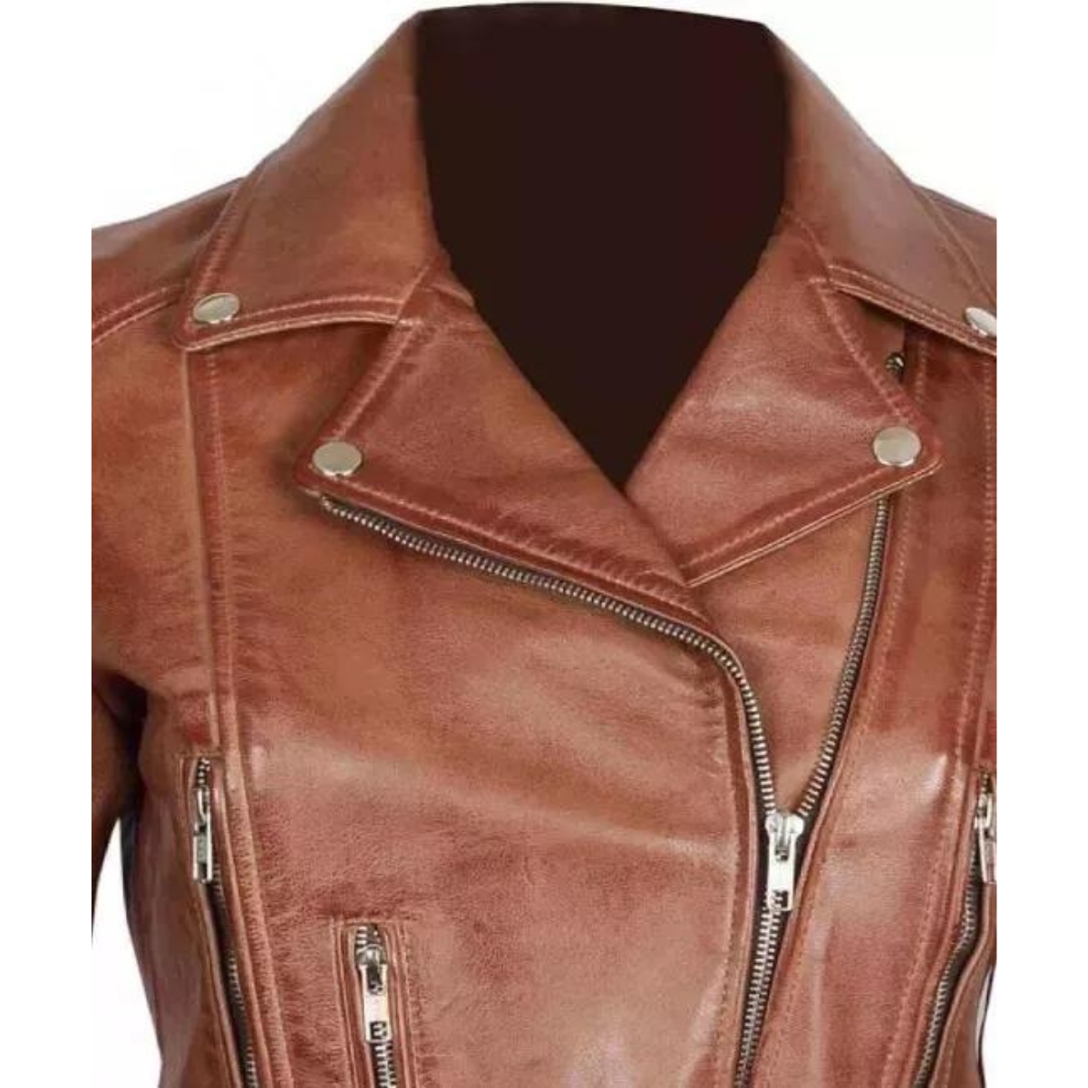 Margaret Brown Cowhide Asymmetrical Women's Slim Fit Biker Jacket - Image 2