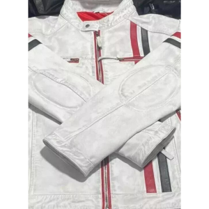 Men's Cafe Racer Vintage White Biker Jacket with Red and Black Stripes - Real Cowhide