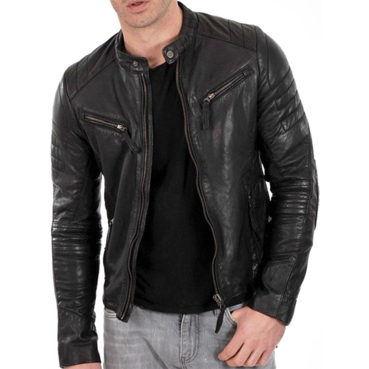 Mens Motorcycle Slim Fit Biker Cowhide Jacket