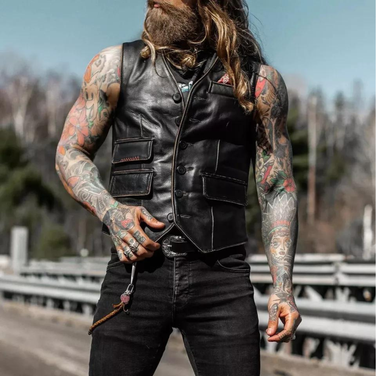 Men's Vintage Black Motorcycle Distressed Black Biker Genuine Cowhide Vest