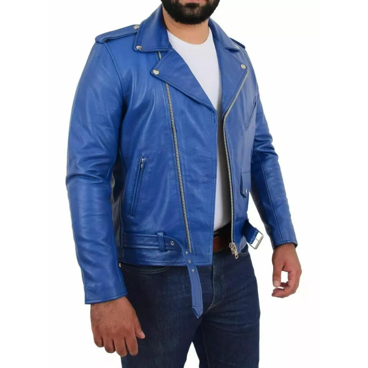 Men's Stylish real Cowhide Jacket Motorcycle Biker Slim Fit Blue Belted Coat - Image 4