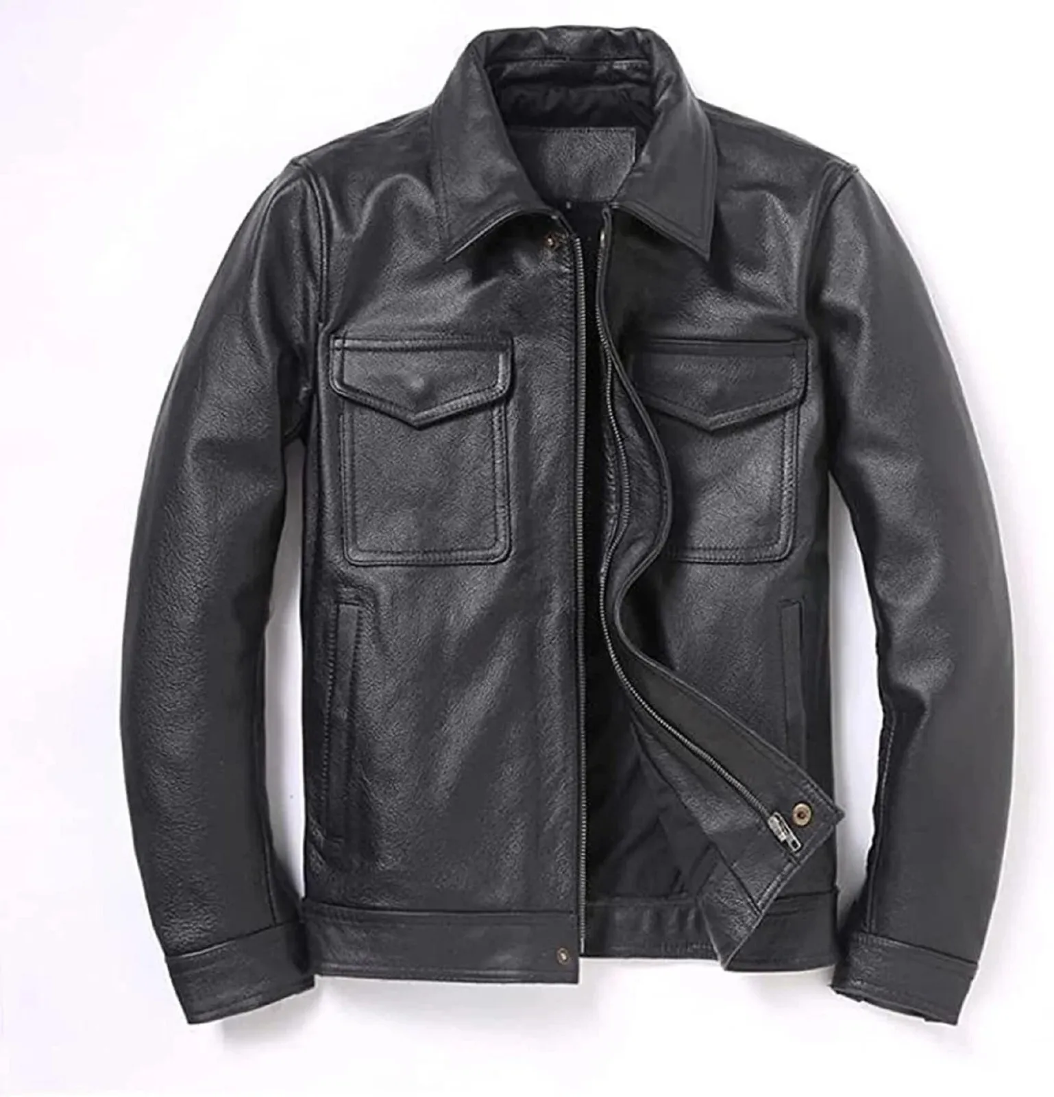 Men's Biker Flap Pocket Vintage Style Motorcycle Black Cow Hide Cowhide Jacket - Image 3