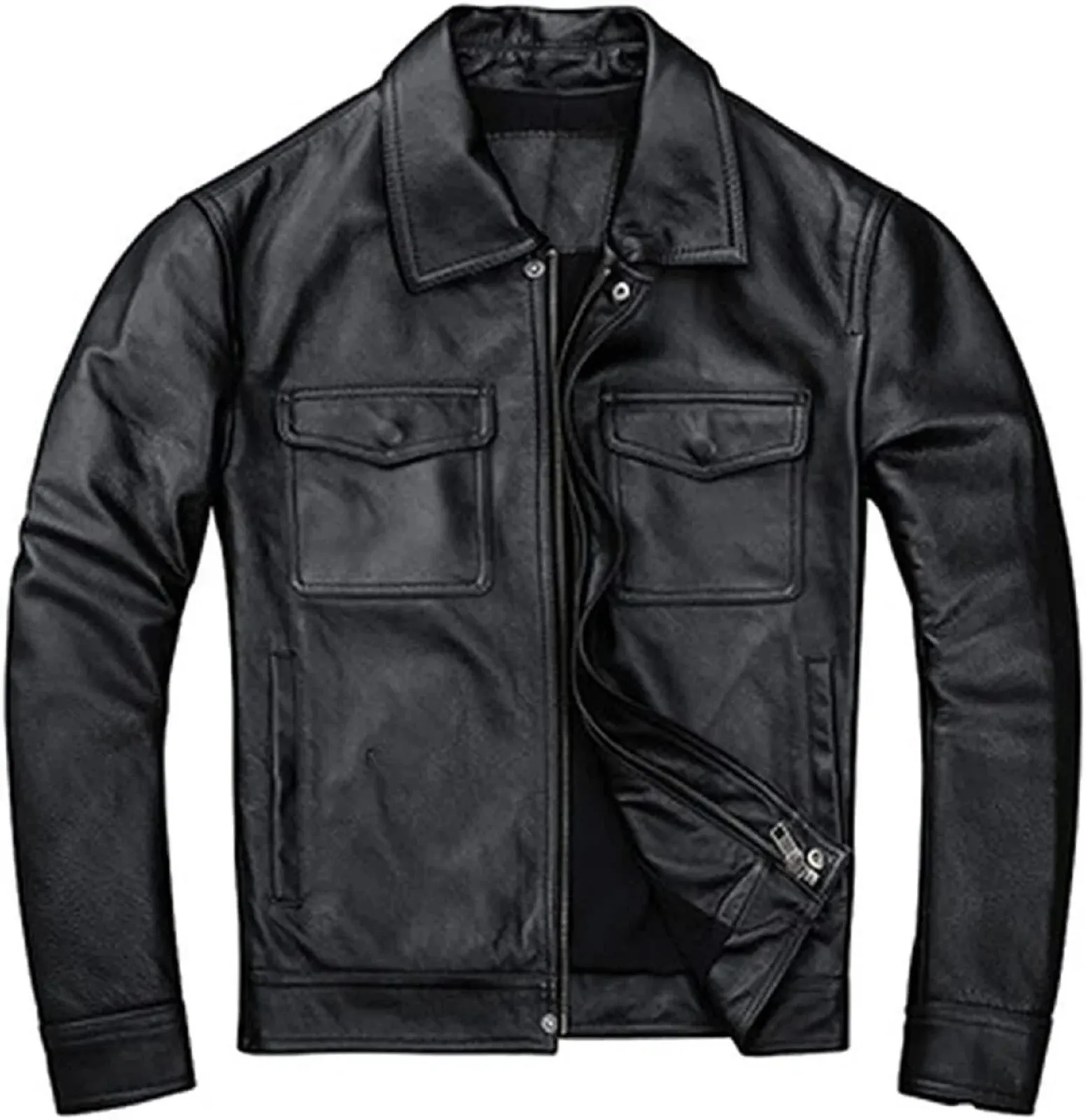 Men's Biker Flap Pocket Vintage Style Motorcycle Black Cow Hide Cowhide Jacket