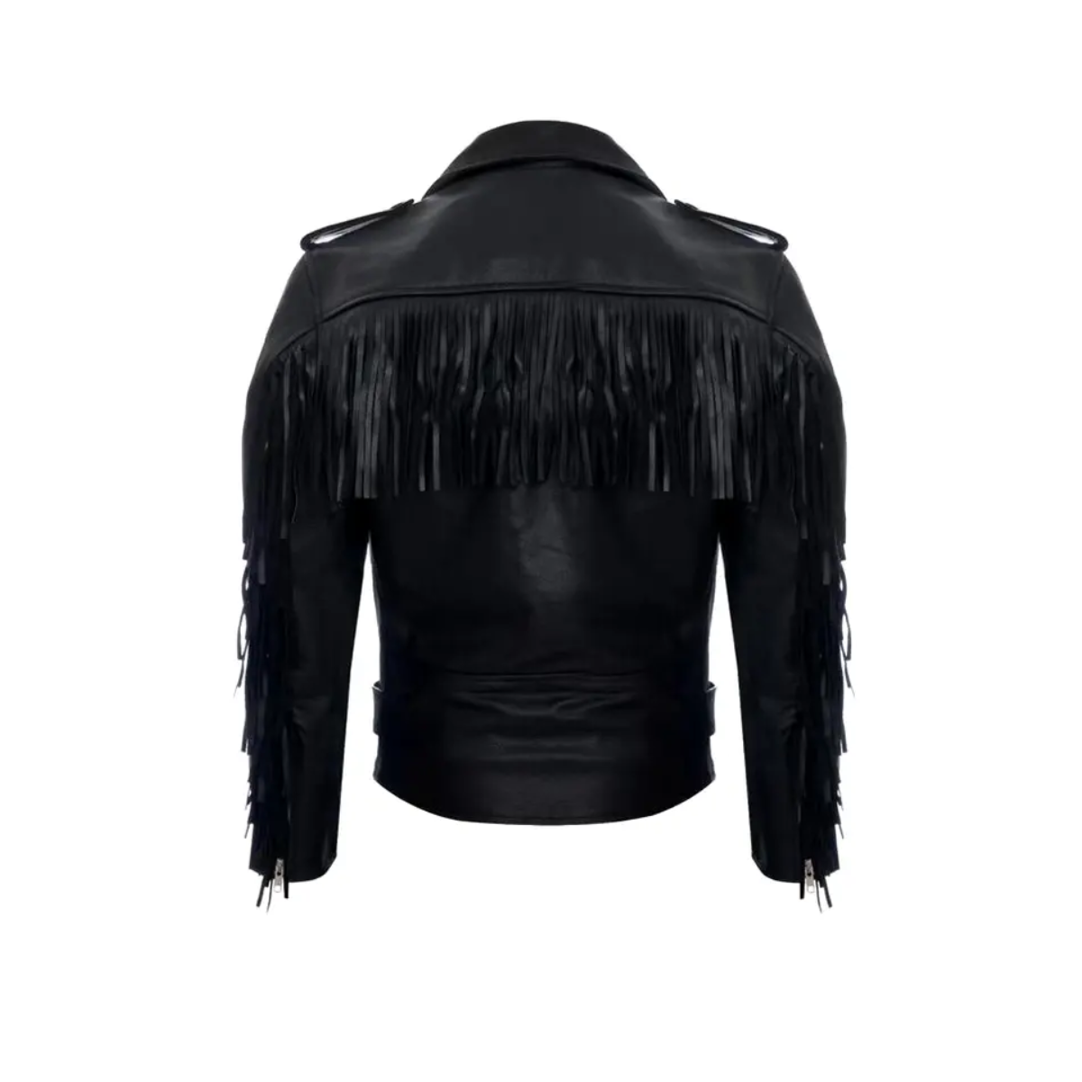 Men's Black real Biker Jacket With Cowhide Fringes Belt Tasseled Brando Coat - Image 5