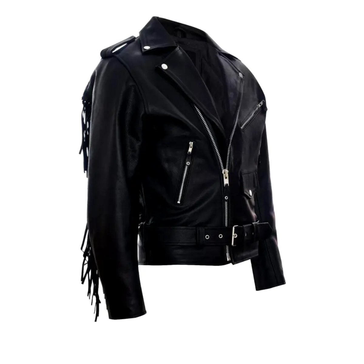 Men's Black real Biker Jacket With Cowhide Fringes Belt Tasseled Brando Coat - Image 3