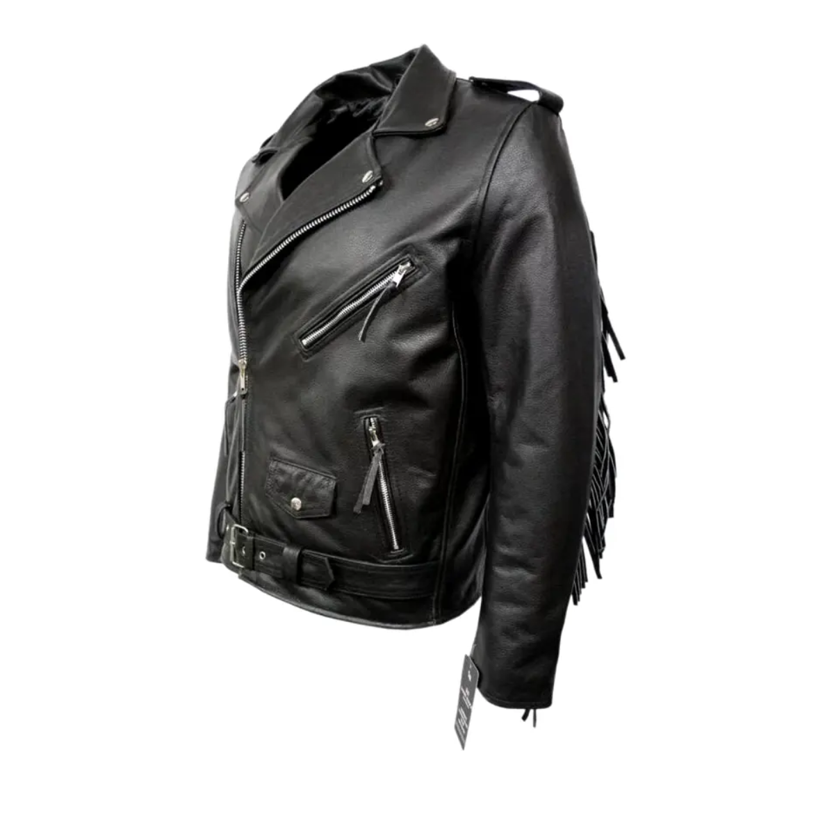 Men's Black real Biker Jacket With Cowhide Fringes Belt Tasseled Brando Coat - Image 4