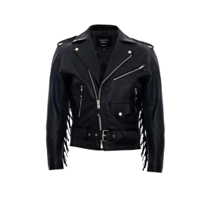 Men's Black real Biker Jacket With Cowhide Fringes Belt Tasseled Brando Coat