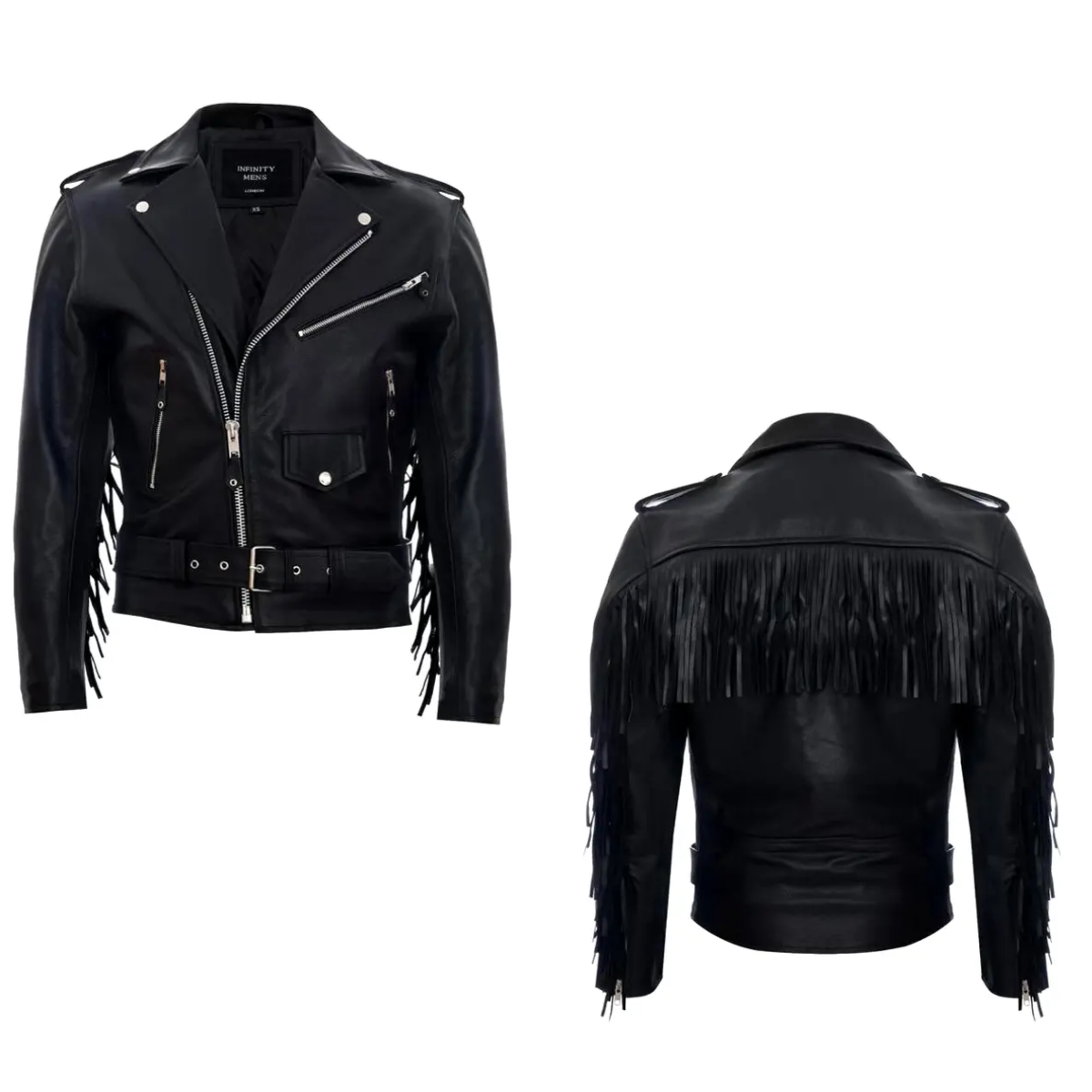 Men's Black real Biker Jacket With Cowhide Fringes Belt Tasseled Brando Coat