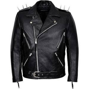 Men's Black METAL SPIKES Brando Jacket Motorcycle Cowhide Real Cowhide Jacket
