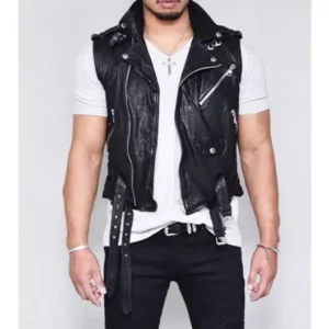 Men's Black Motorcycle Vintage Style Biker Cowhide Vest