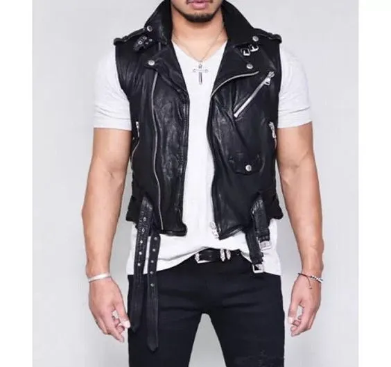 Men's Black Motorcycle Vintage Style Biker Cowhide Vest - Image 2