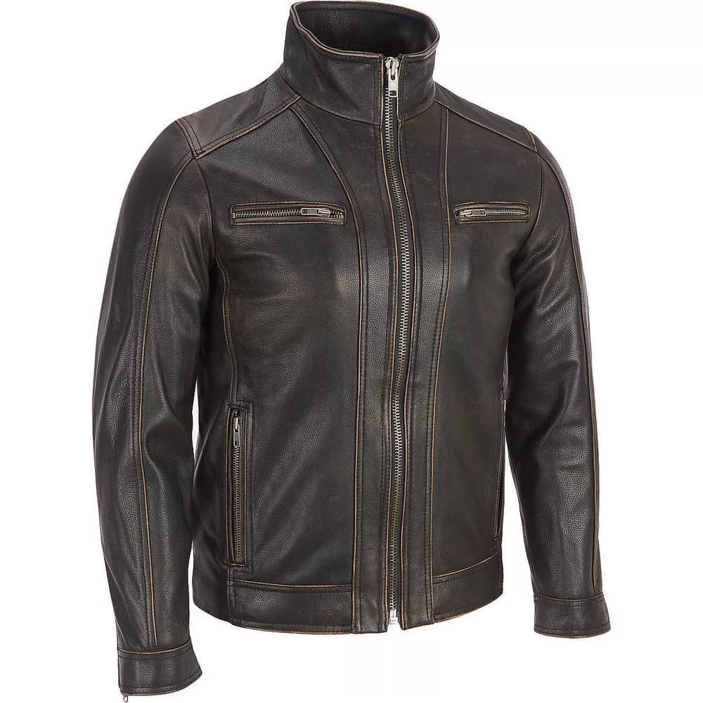 Men's Black Rivet Faded Seam Jacket Genuine Cowhide Jacket