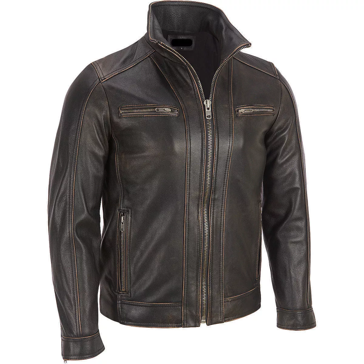 Men's Black Rivet Faded Seam Jacket Genuine Cowhide Jacket - Image 2
