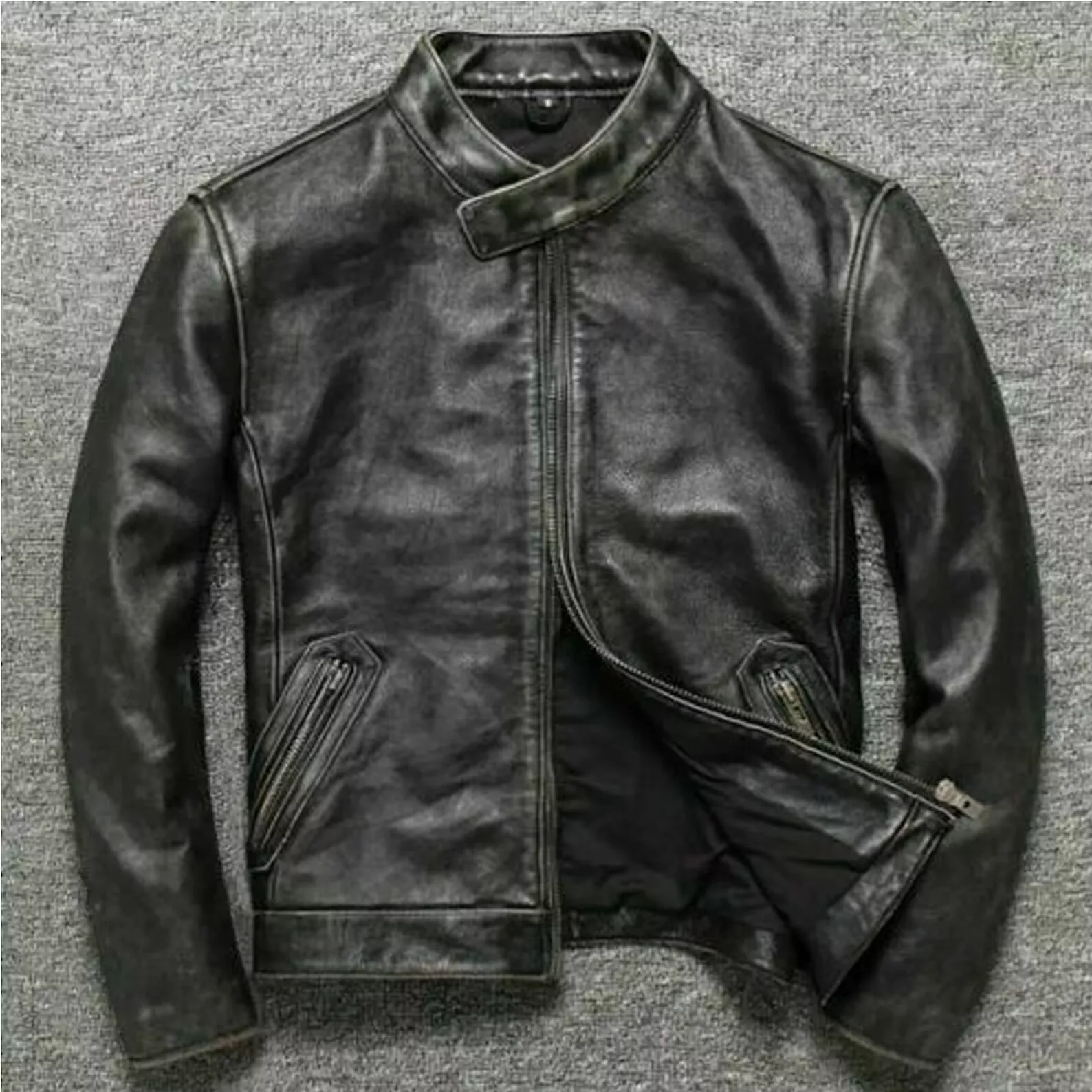 Men's Cafe Racer Vintage Black Biker Motorcycle Bomber Top Grain Cowhide Jacket