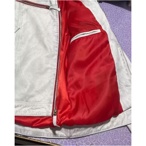 Men's Cafe Racer Vintage White Biker Jacket with Red and Black Stripes - Real Cowhide