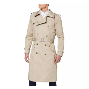 Men's Double Breasted Long Trench Coat Cotton Military Rain Mac