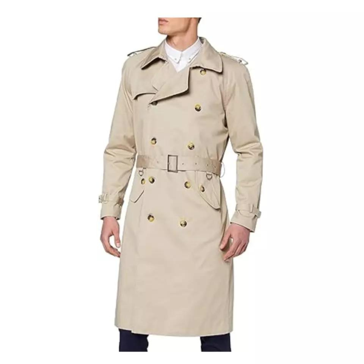 Men's Double Breasted Long Trench Coat Cotton Military Rain Mac