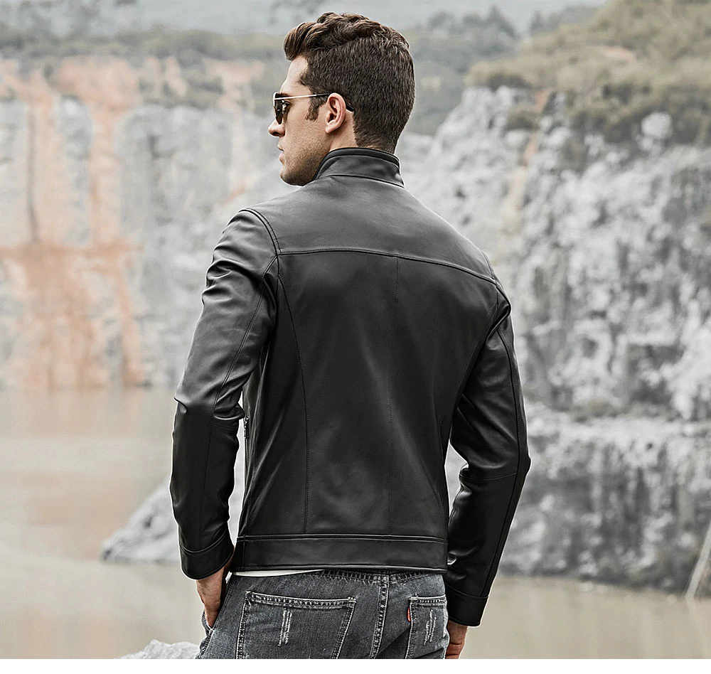 Men's Genuine real Cowhide Motorcycle Jacket with Zipper Closure, Black - Image 3