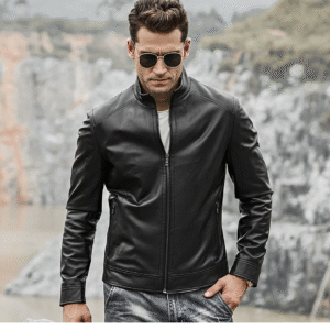 Men's Genuine real Cowhide Motorcycle Jacket with Zipper Closure, Black