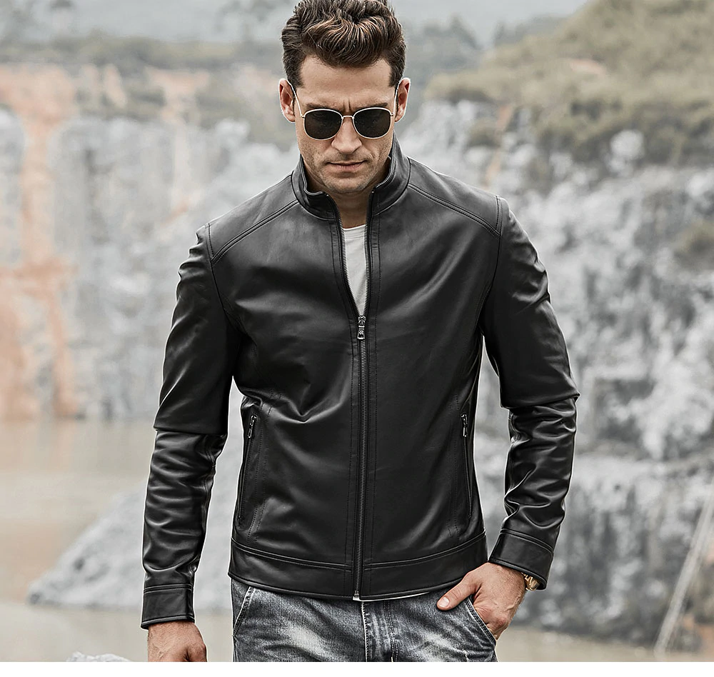 Men's Genuine real Cowhide Motorcycle Jacket with Zipper Closure, Black - Image 2
