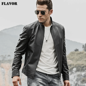 Men's Genuine real Cowhide Motorcycle Jacket with Zipper Closure, Black