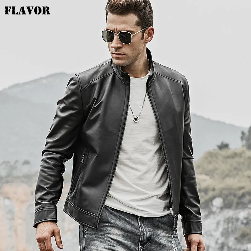 Men's Genuine real Cowhide Motorcycle Jacket with Zipper Closure, Black