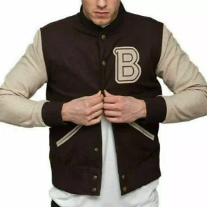 Men's Hotline Miami B Logo Bomber Varsity Letterman Brown Wool Baseball Jacket