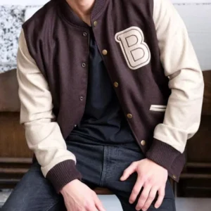 Men's Hotline Miami B Logo Bomber Varsity Letterman Brown Wool Baseball Jacket